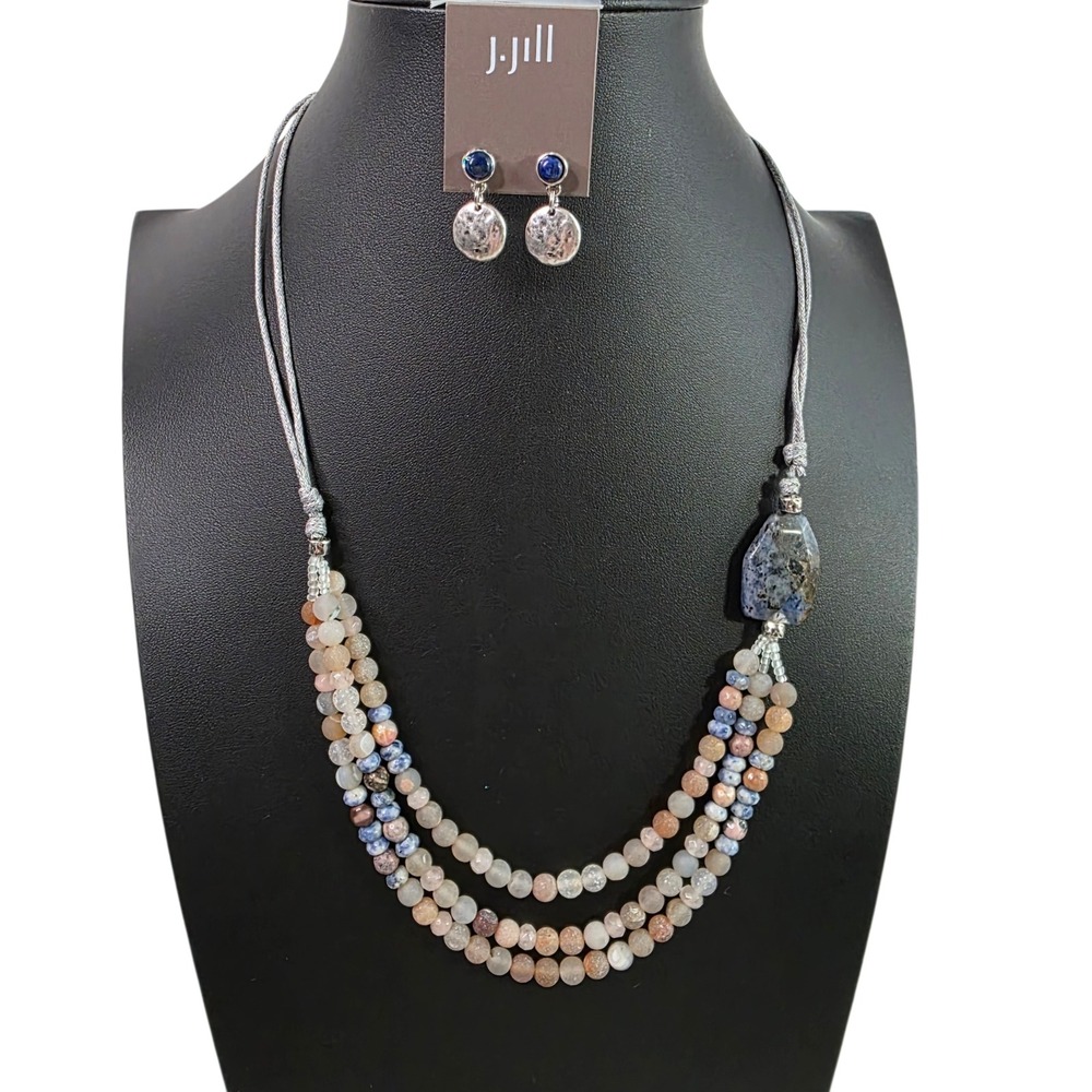 J Jill Blue Peach Gemstone Triple Strand Necklace and Drop Earring Set Bohemian
